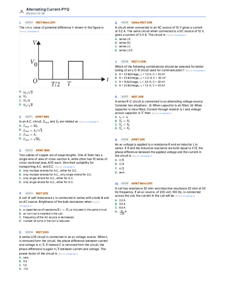 Alternating Current Exam Questions | PDF | Inductor | Series And ...