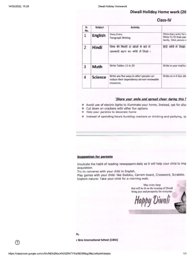 Diwali Holiday Homework Pdf