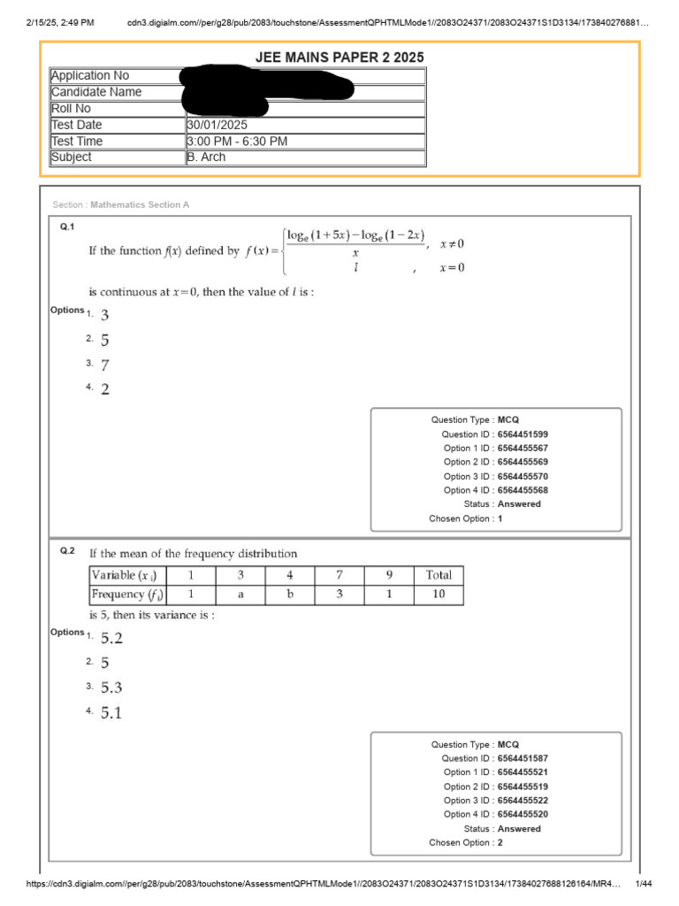 JEE Mains Paper 2 2025 MCQ Details | PDF | Multiple Choice | Tests