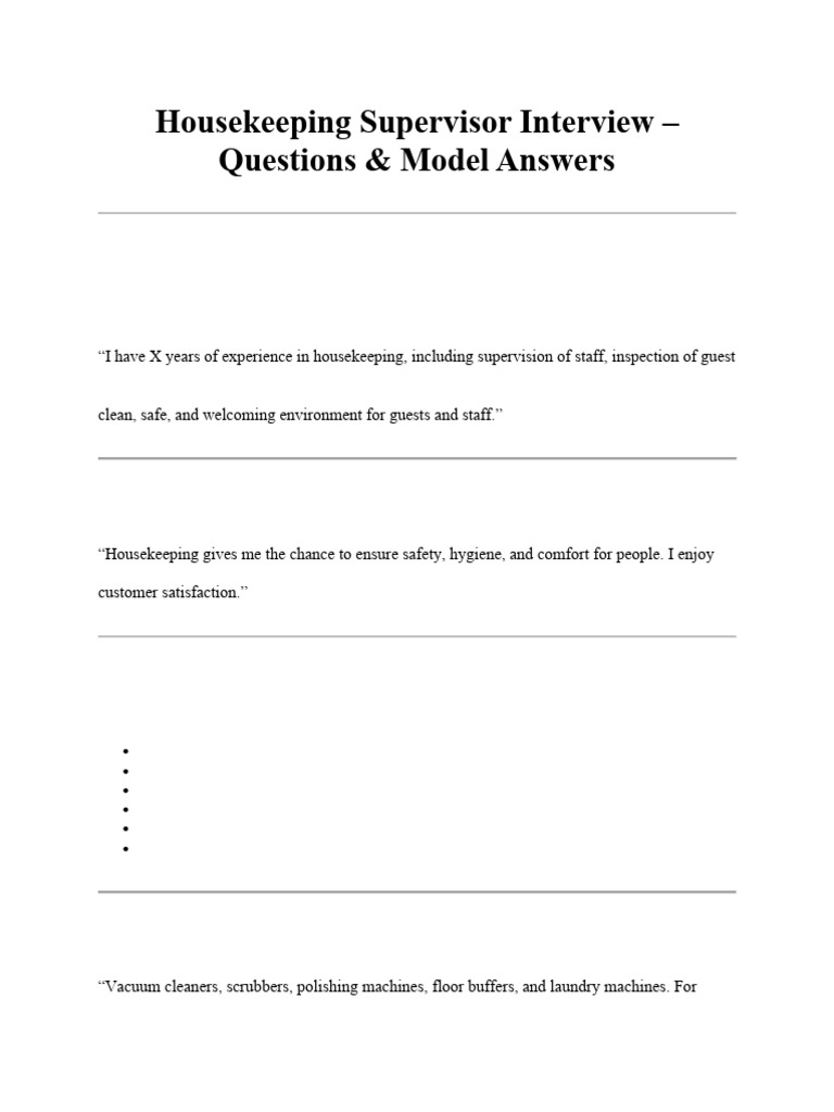 Housekeeping Supervisor Interview Guide | PDF | Housekeeping ...