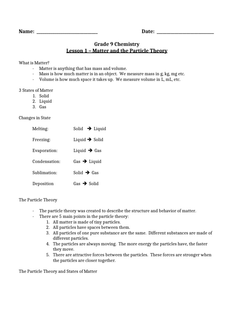 Grade 9 Chemistry: Matter & Particle Theory | PDF