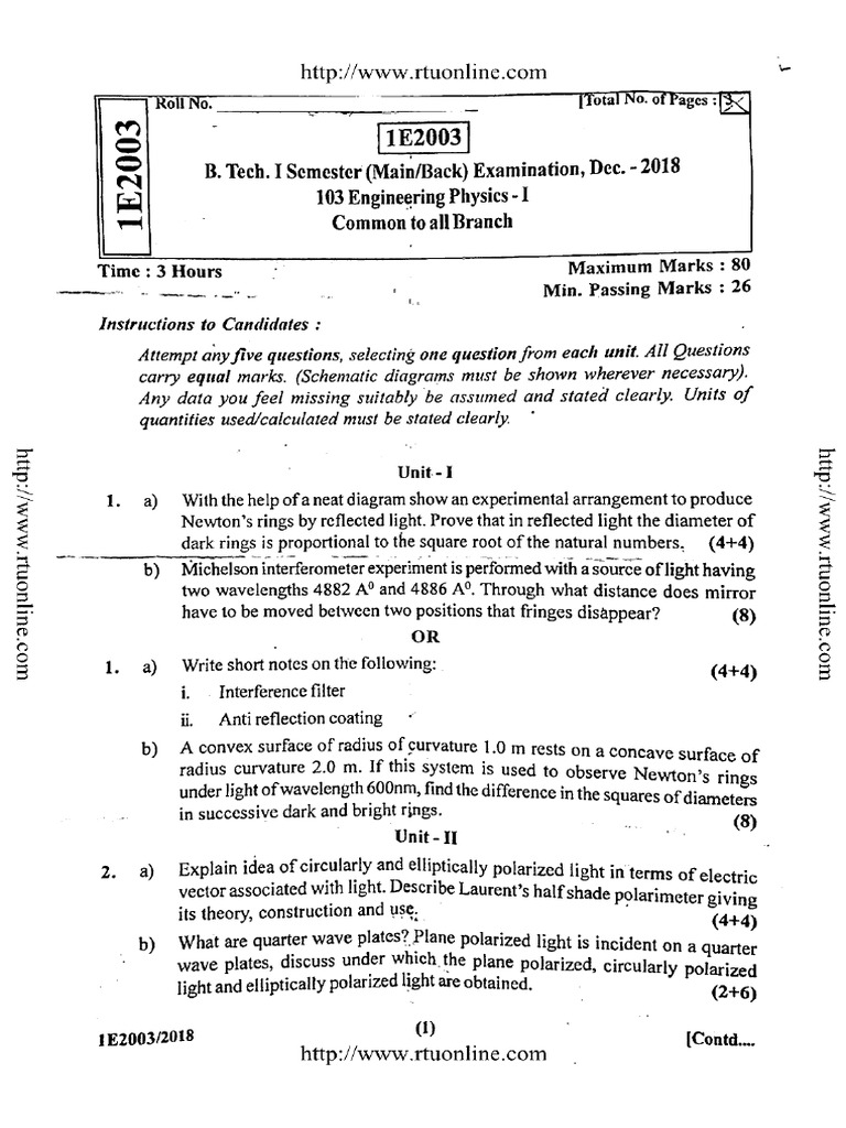 Btech 1 Sem Engineering Physics 1 1e2003 Dec 2018 Copy Copy | PDF