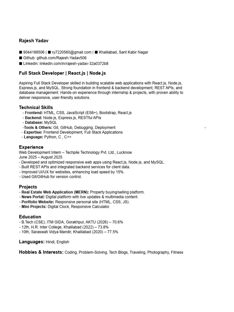 Full Stack Developer Rajesh Yadav Resume | PDF