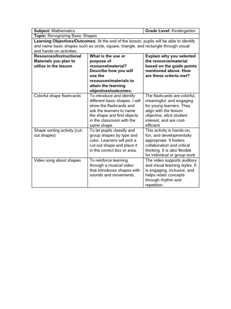 Kindergarten Basic Shapes Lesson Plan | PDF