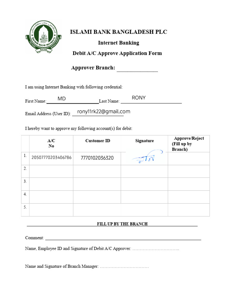 Debit Account Approval Form for Internet Banking | PDF