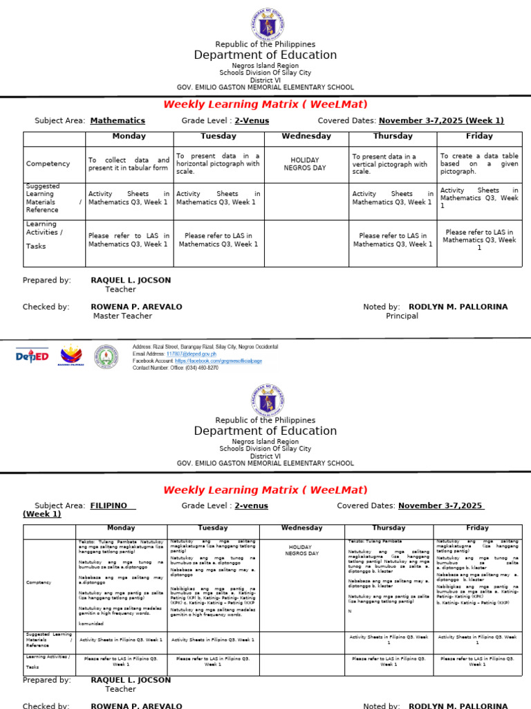 Weekly Learning Matrix for Grade 2 | PDF | Linguistics