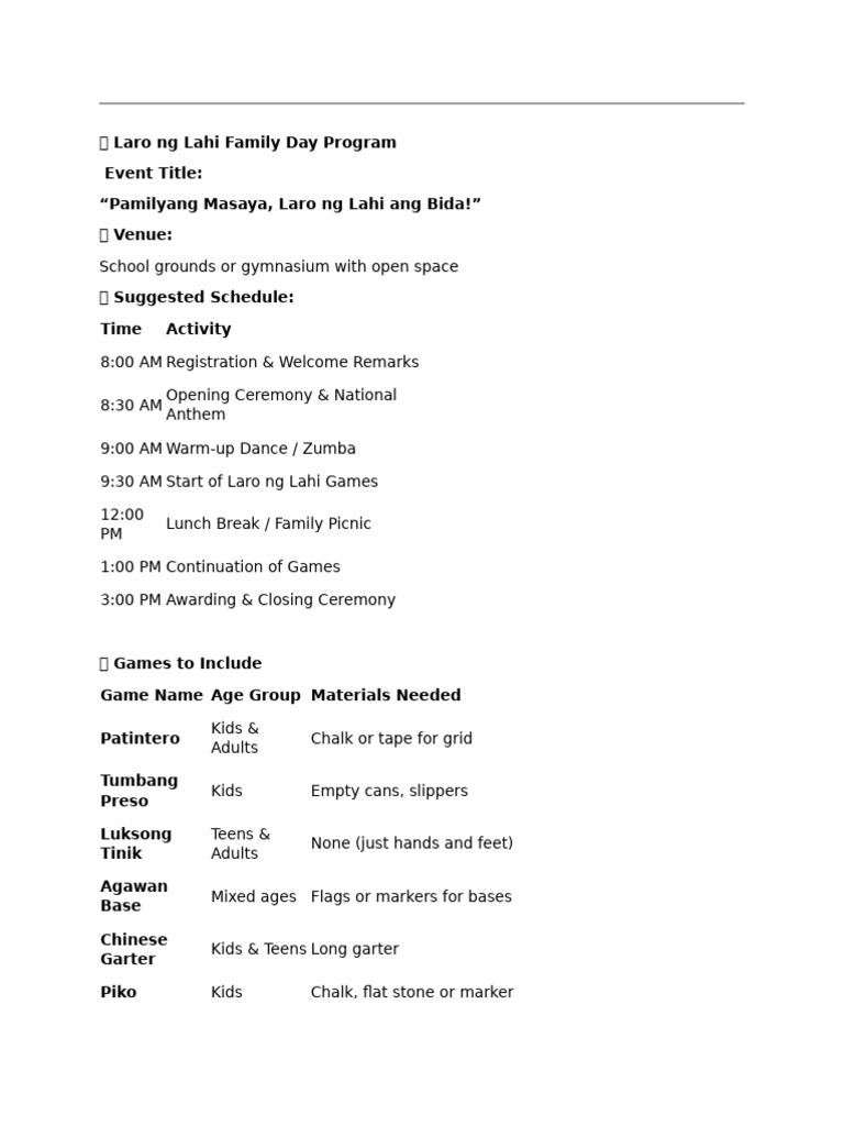 Family Day Laro ng Lahi Program Guide | PDF