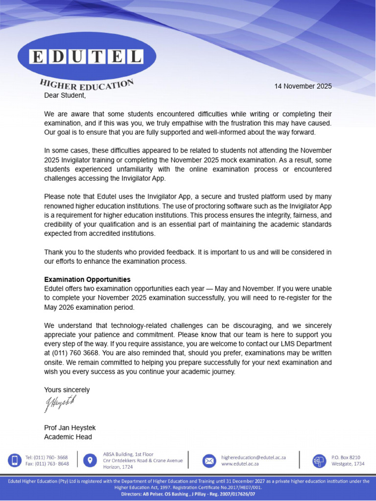 Letter To Students Regarding The November Examinations and The Wa y ...
