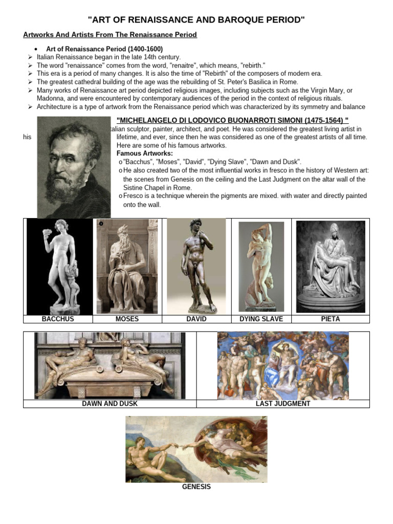 Renaissance and Baroque Art Overview | PDF | Michelangelo | Baroque