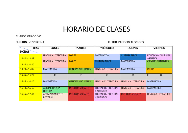 Horario Clases Cuarto Grado A Vespertino | PDF