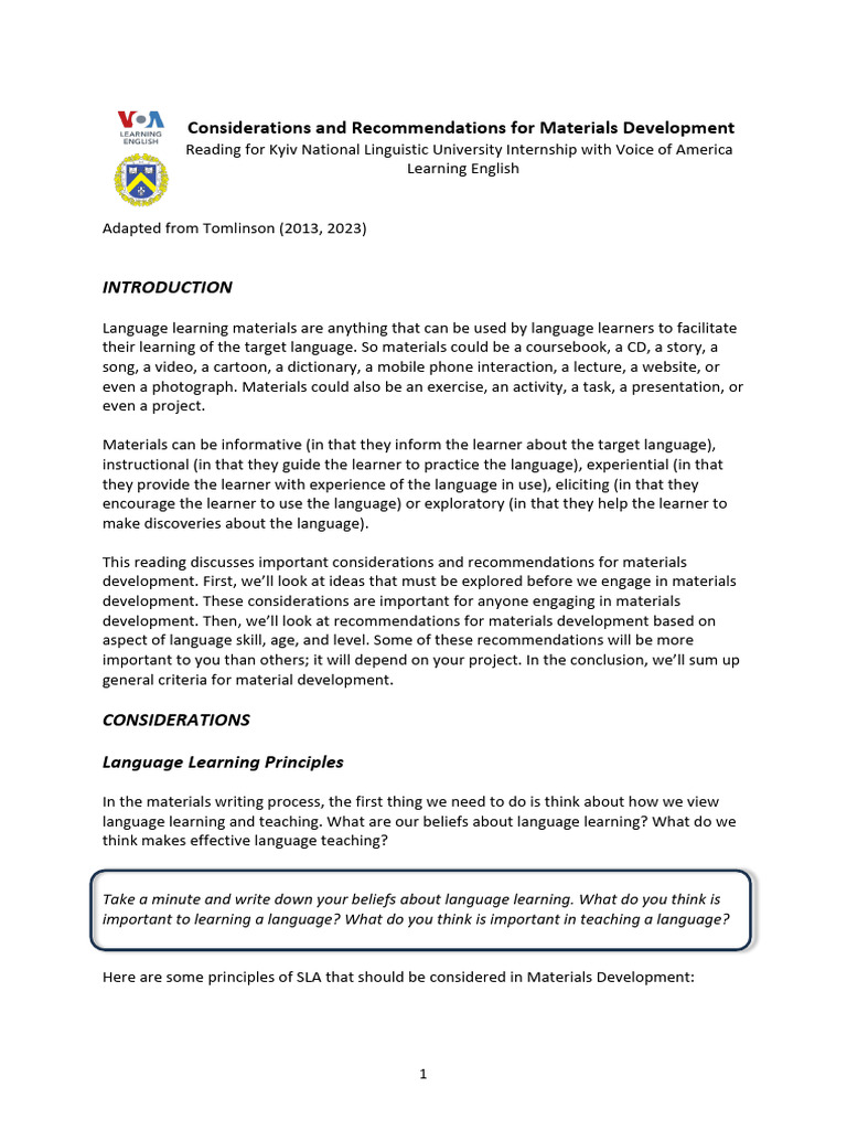 Considerations and Recommendations For Materials Development | PDF ...