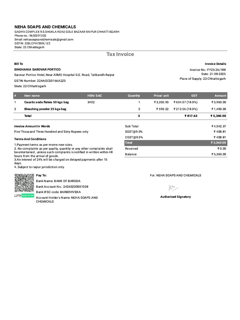 NEHA Soaps Tax Invoice FY25-26/188 | PDF | Invoice | Government Finances