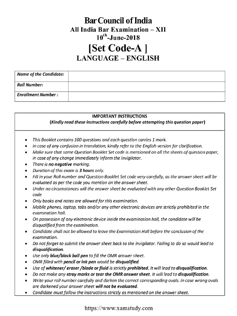 Aibe Question Paper 12 English Set A | PDF