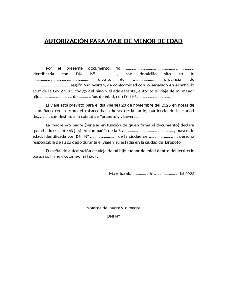 Autorización para Viaje de Menor de Edad | PDF