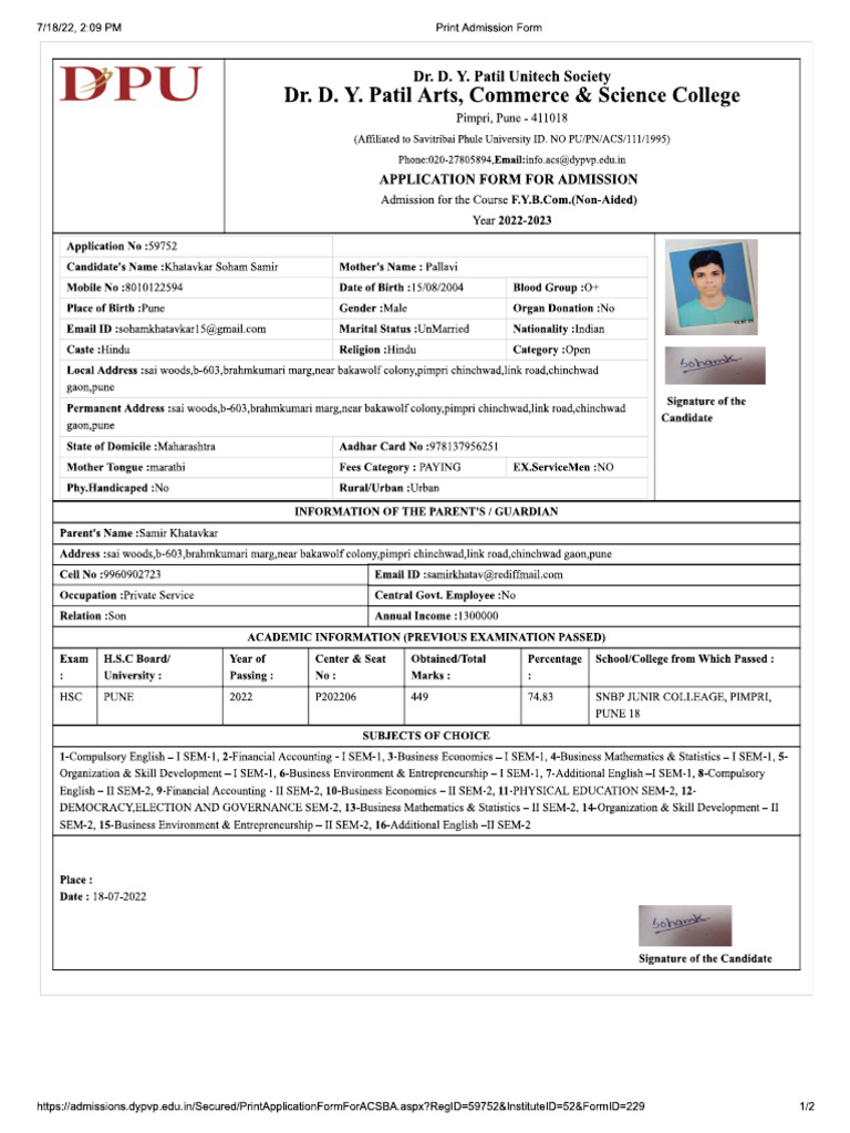 Application For Admission For Dy Patil | PDF