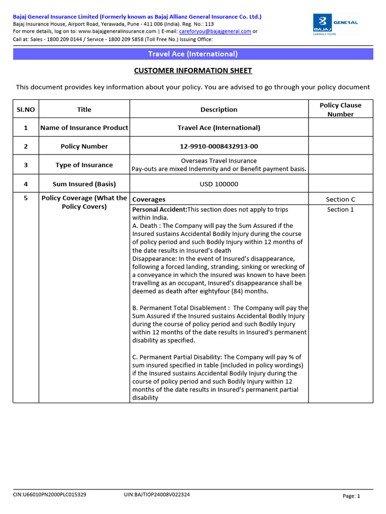 Customer Information Sheet: Travel Ace (International) | PDF ...