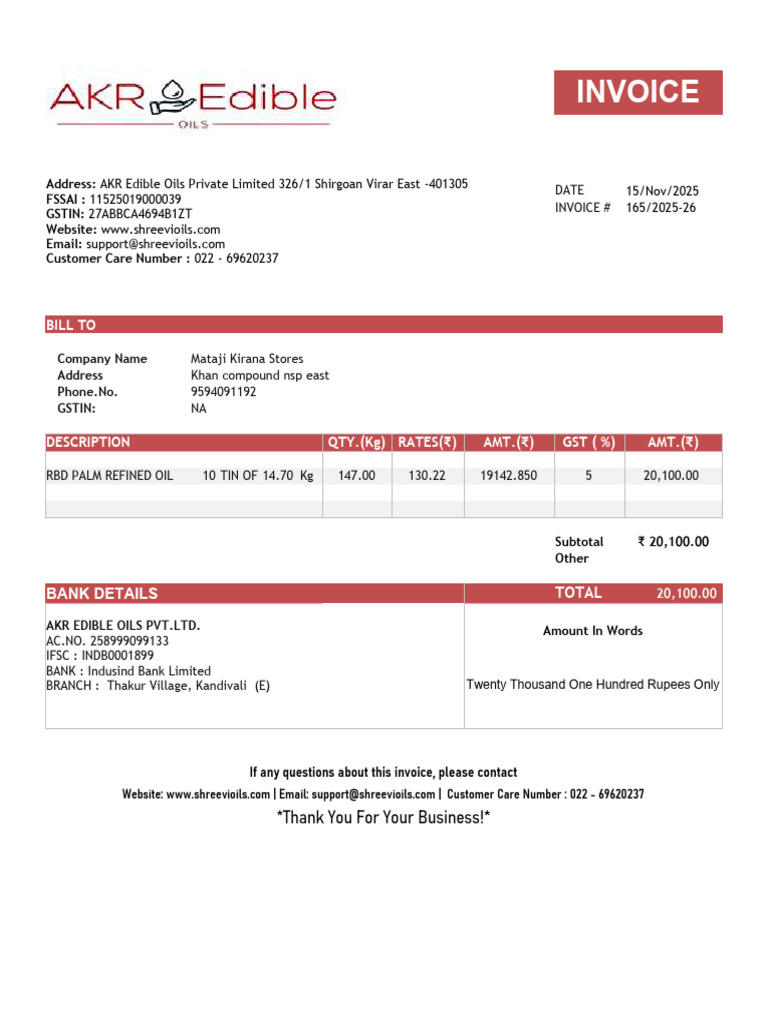 Invoice for RBD Palm Refined Oil | PDF