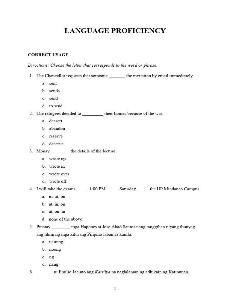 Language Proficiency and Comprehension Test | PDF | Philippines