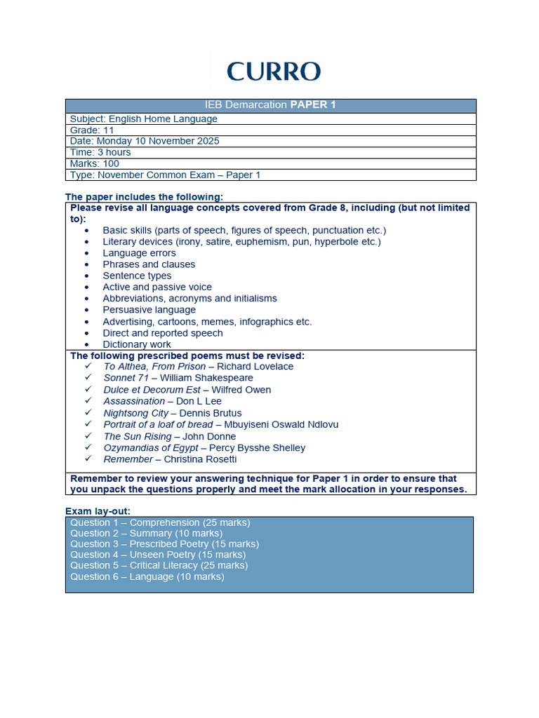 Grade 11 English Exam Revision Guide | PDF
