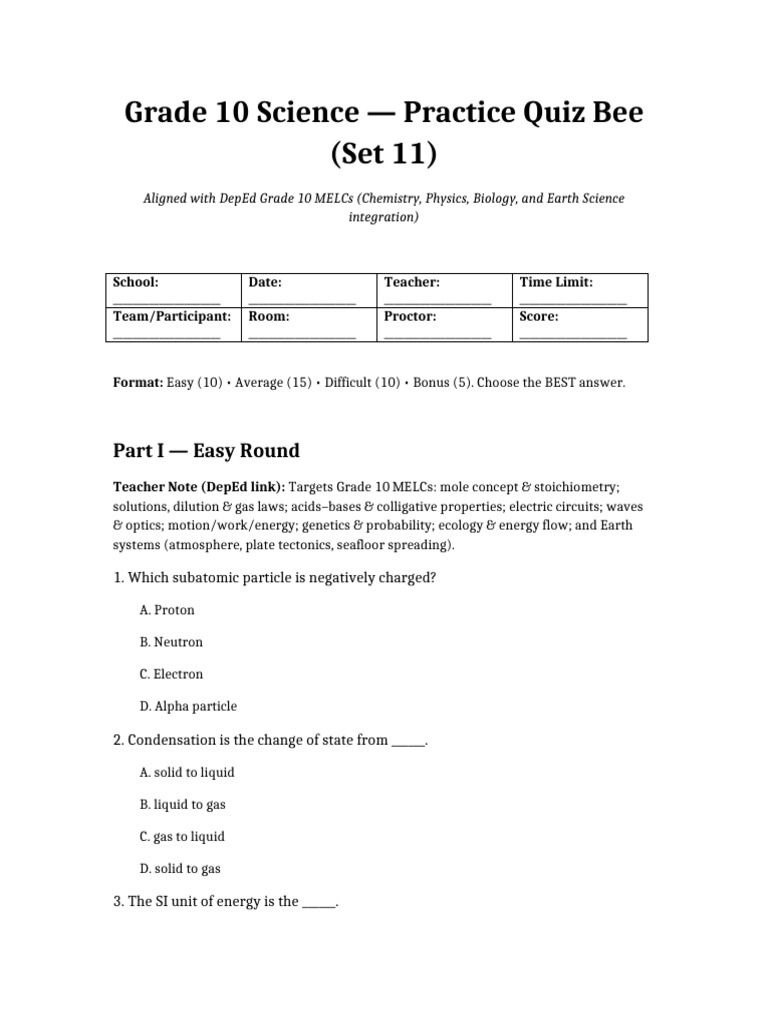 Grade10_Science_QuizBee_Practice_Set_11 | PDF | Gases | Mole (Unit)