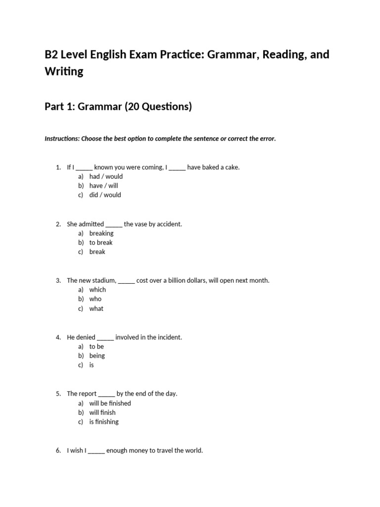 B2 English Exam Practice: Grammar & Reading | PDF