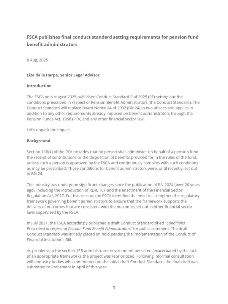 FSCA Conduct Standard for Pension Administrators | PDF | Governance ...