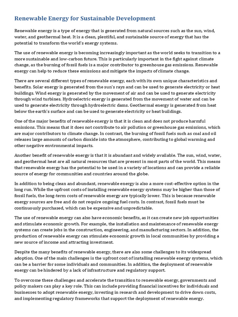 Renewable Energy For Sustainable Development | PDF | Energy Development ...