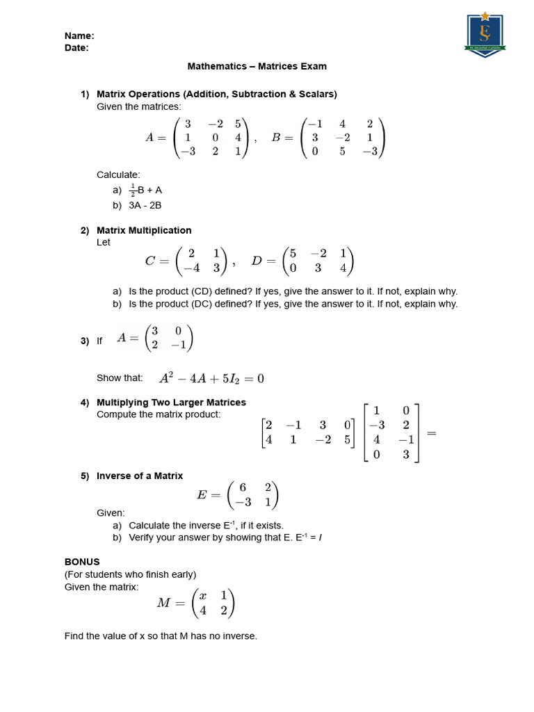 Mathematics - Matrices Exam | PDF