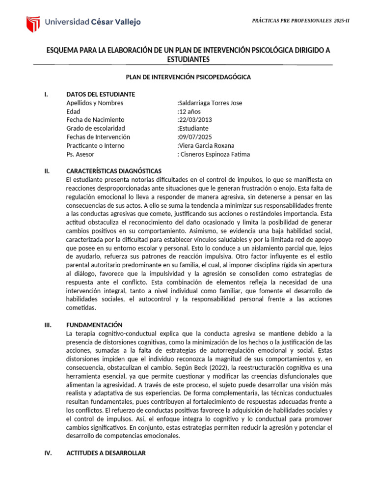 Plan de Intervención Psicológica 2025-II | PDF | Las emociones ...