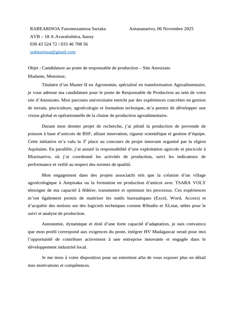 Candidature Responsable Production Agroalimentaire | PDF