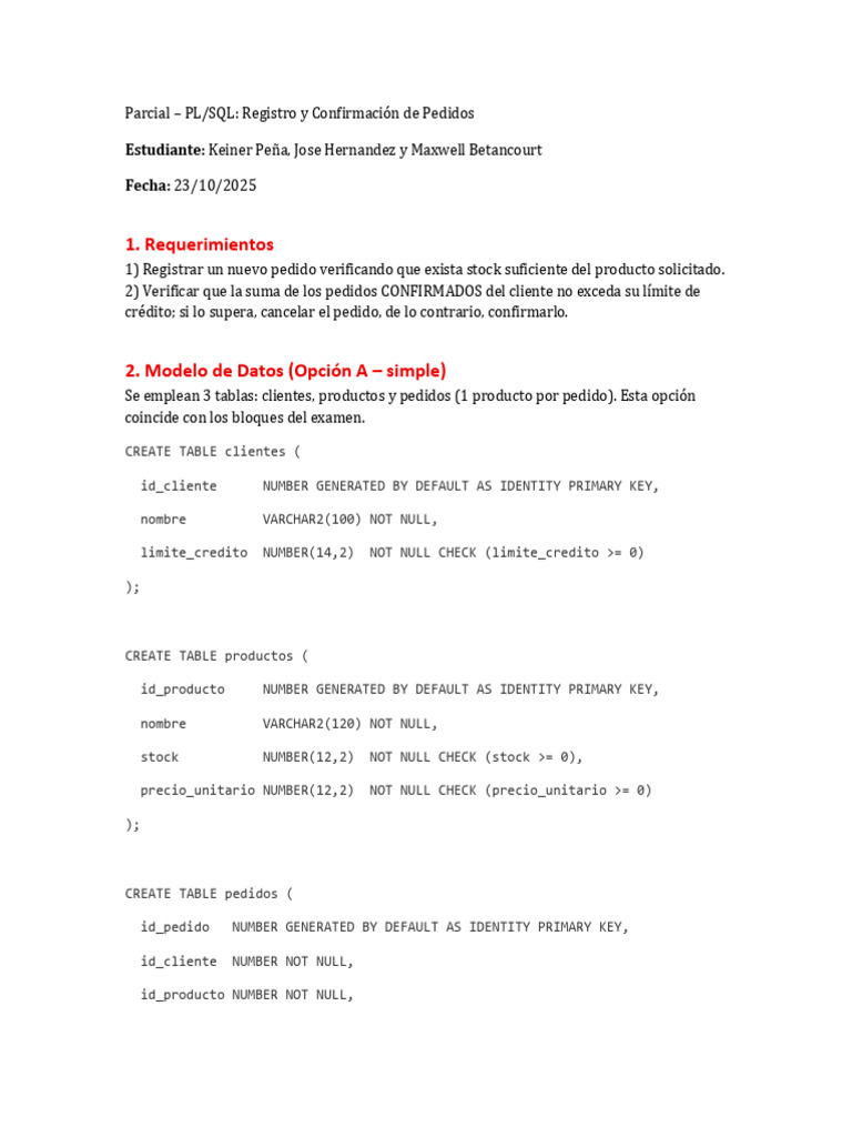 PL/SQL: Registro y Confirmación de Pedidos | PDF | Gestión de datos ...