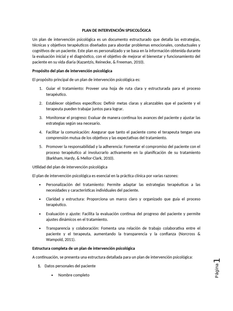 Plan de Intervención Psicológica | PDF | Terapia de conducta cognitiva ...
