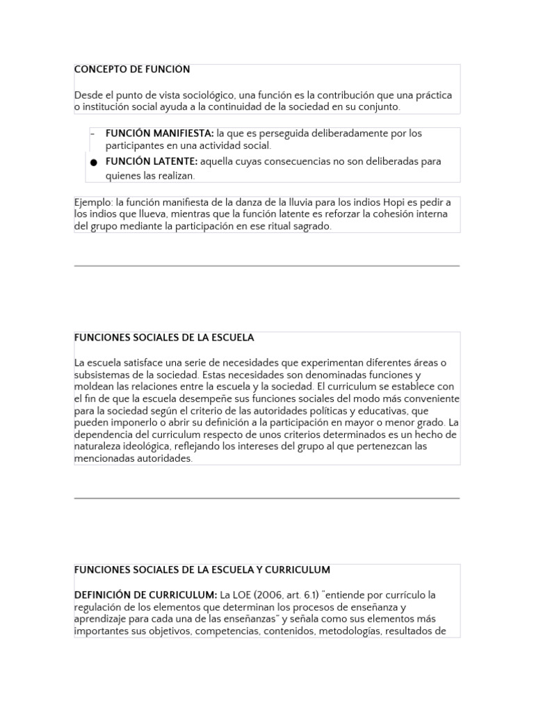 Funciones Sociales de la Escuela y Curriculum | PDF | Plan de estudios ...
