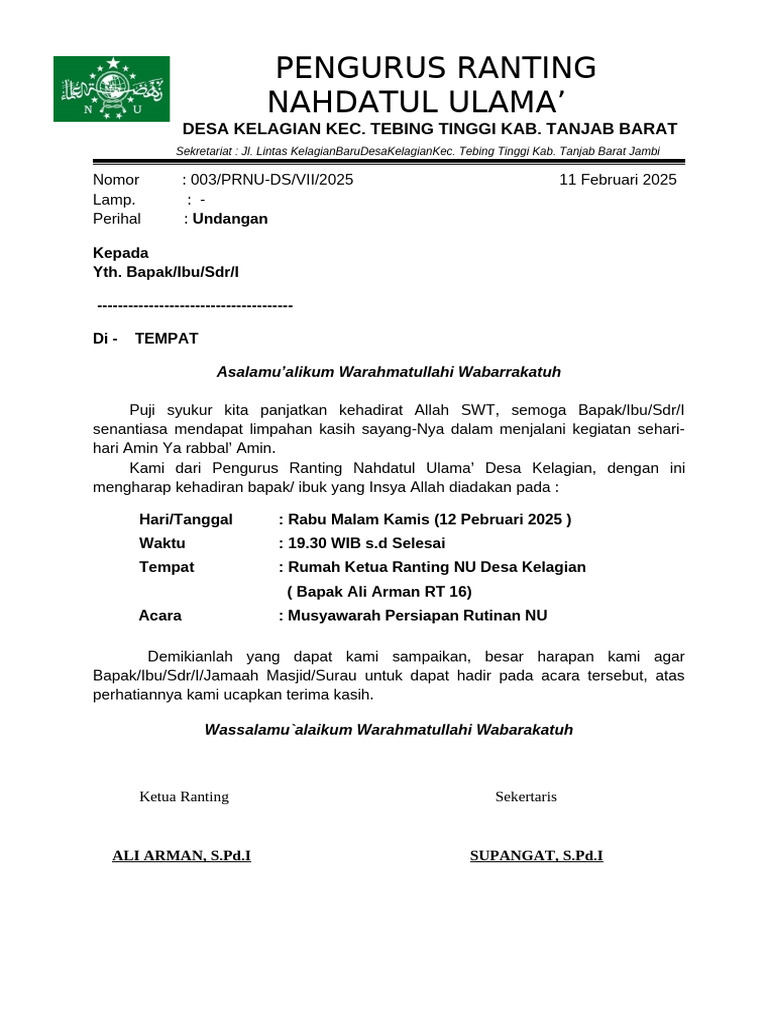 Undangan Musyawarah Ranting NU Kelagian | PDF