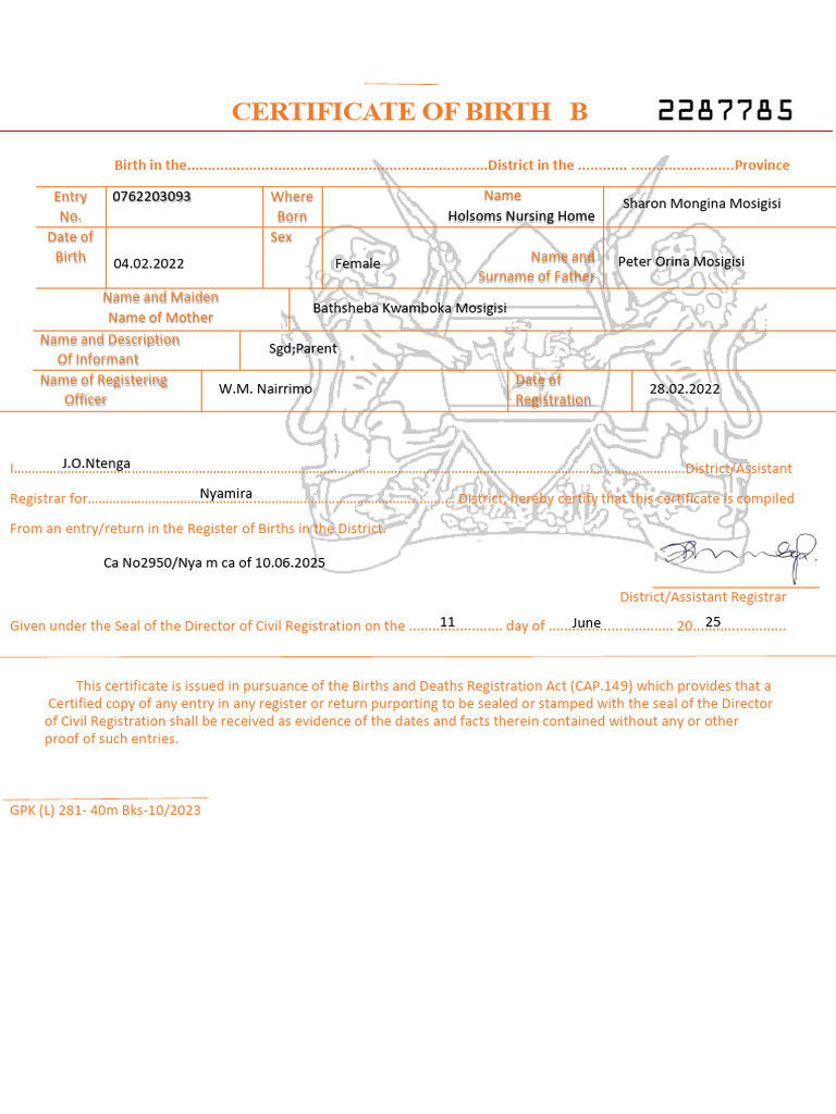 Kenya Birth Certificate Details | PDF | Government Information | Governance