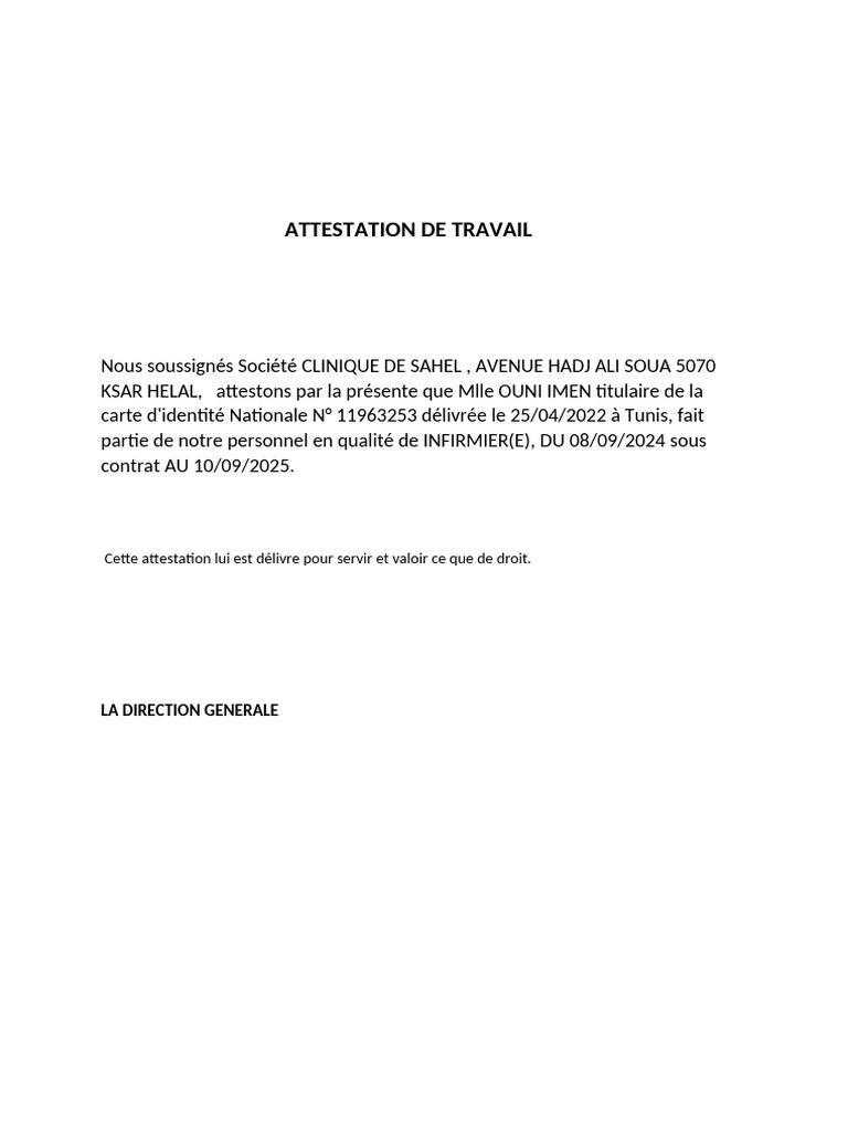 Attestation de travail Mlle Ouni Imen | PDF