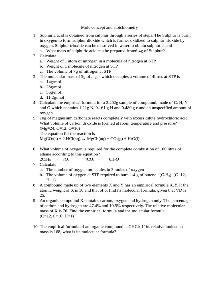 Mole Concept and Stoichiometry Calculations | PDF