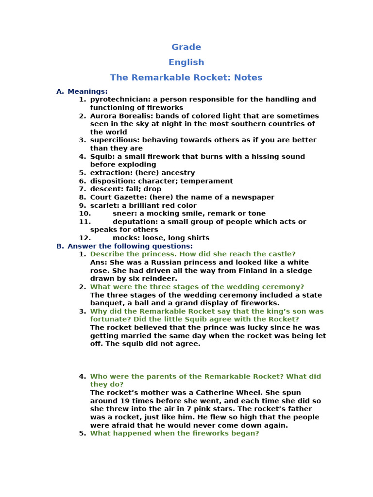 Gr8 English T2 The Remarkable Rocket Notes | PDF