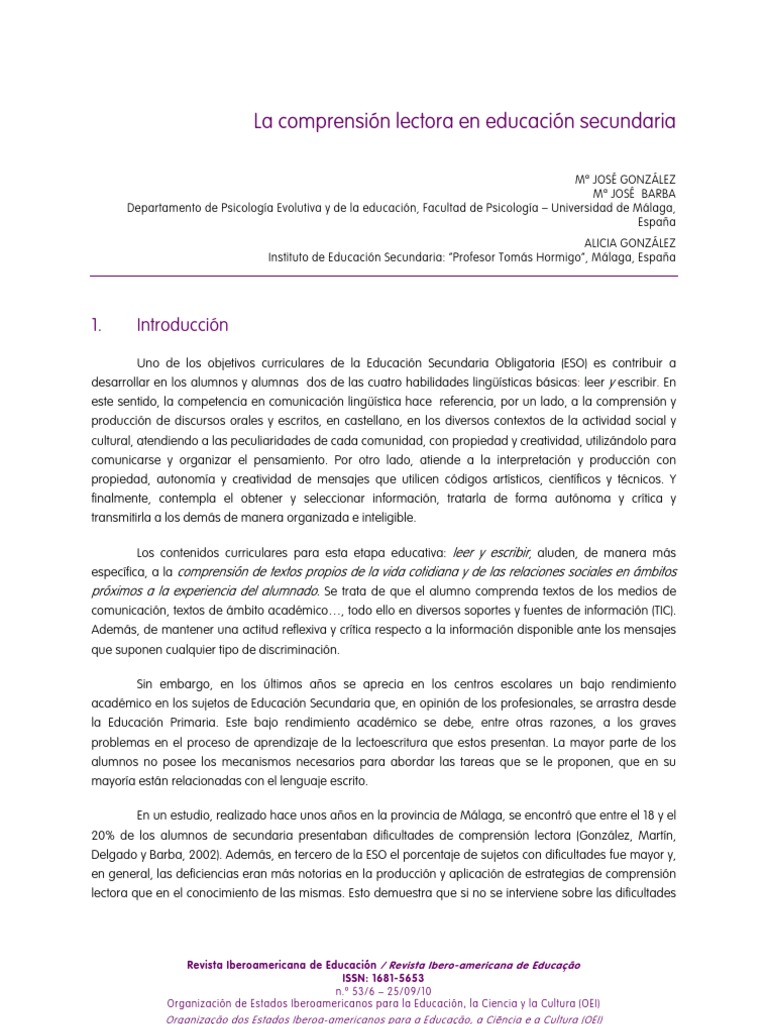 Mejora de la Comprensión Lectora en Secundaria | PDF | Comprensión ...