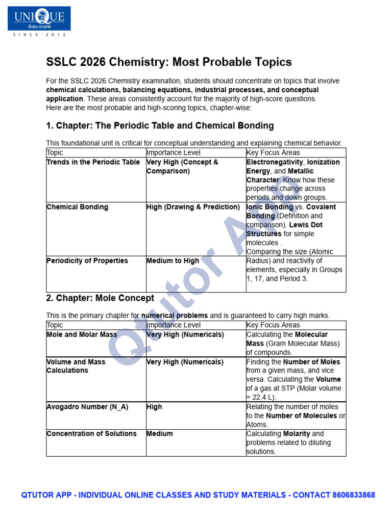 SSLC 2026 Chemistry Exam Key Topics | PDF | Electrochemistry | Mole (Unit)