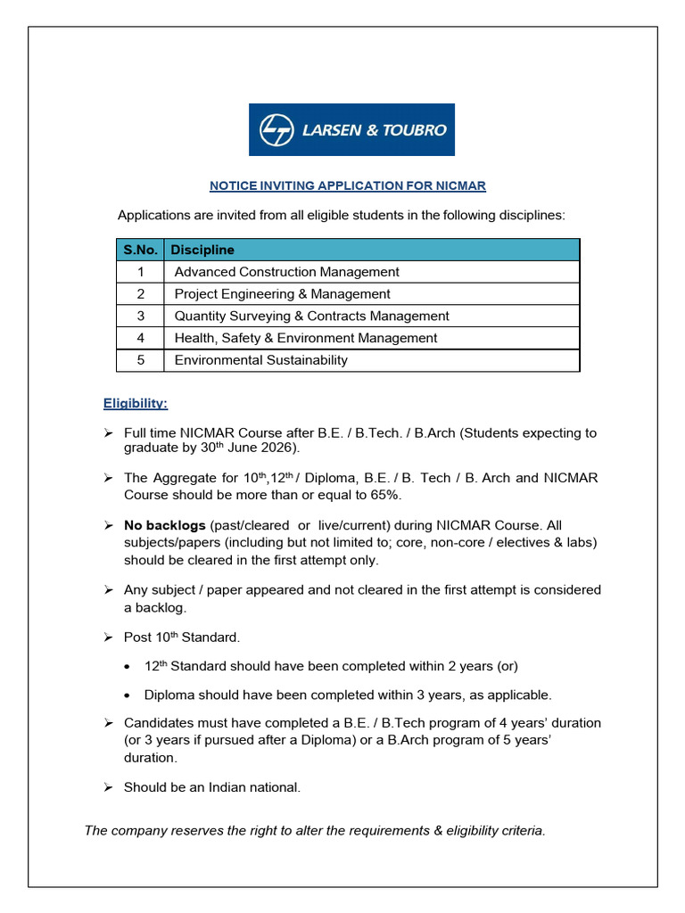 l&T_nia 2026 - Nicmar-1 | PDF