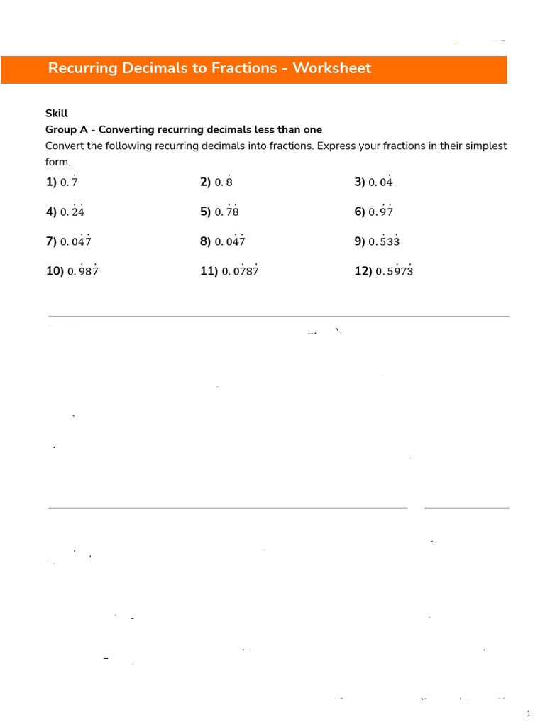 Recurring Decimals to Fractions Worksheet | PDF | Number Theory | Numbers