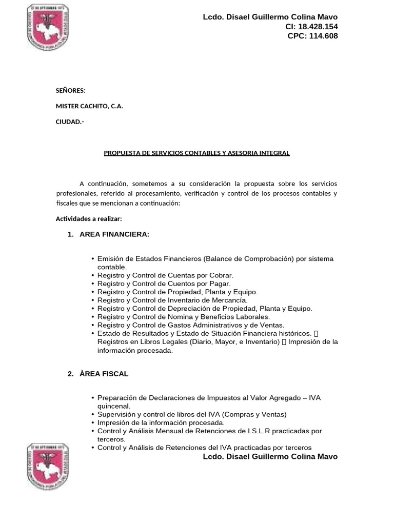 Propuesta de Servicios Contables y Fiscales | PDF | Contabilidad ...