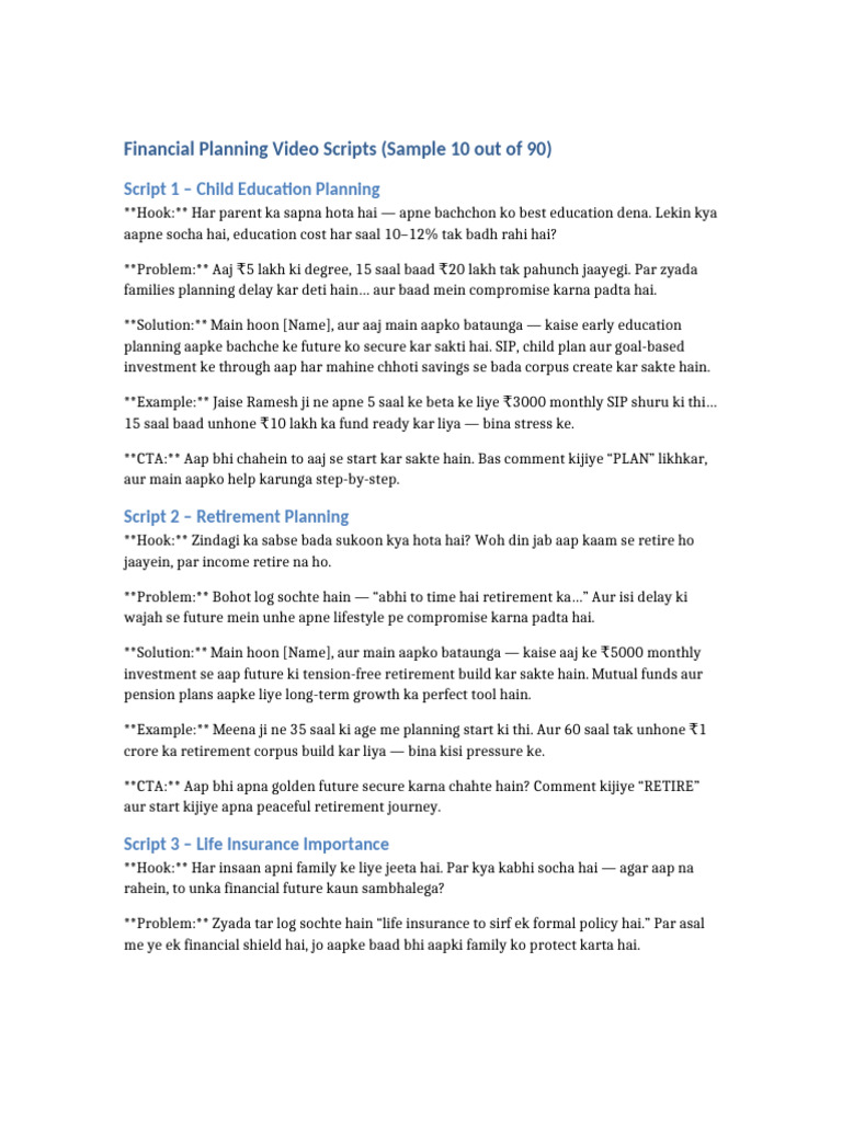 Financial Planning Video Scripts Sample | PDF