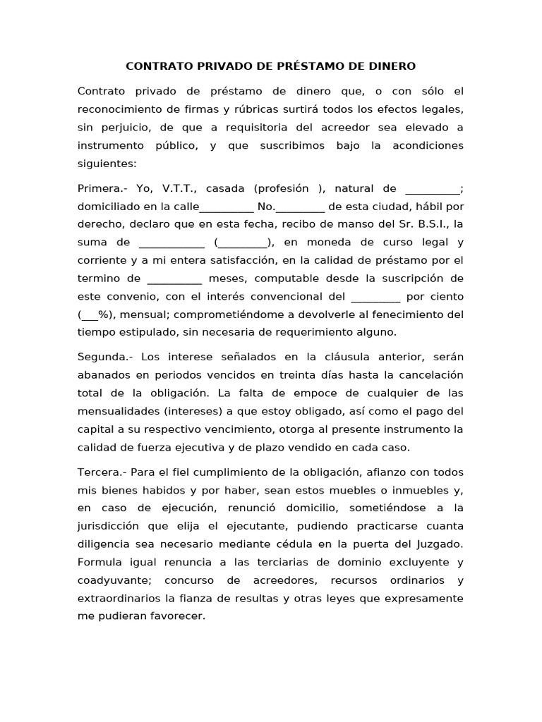 Contrato de Préstamo de Dinero Privado | PDF | Pagos | Póliza de seguros
