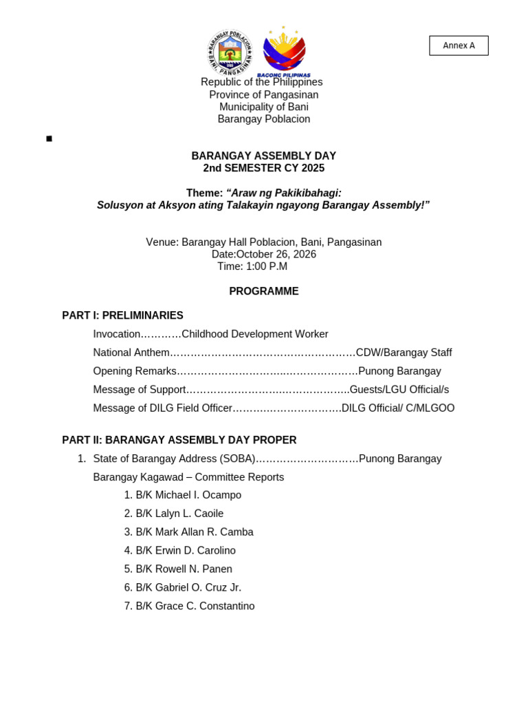 Barangay Assembly Day 2026 in Bani | PDF