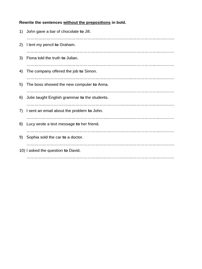 Rewrite Sentences Without Prepositions | PDF
