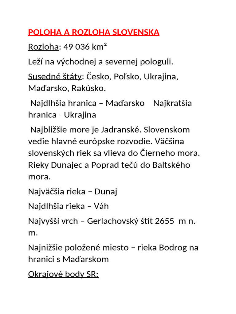 Poloha A Rozloha SR | PDF