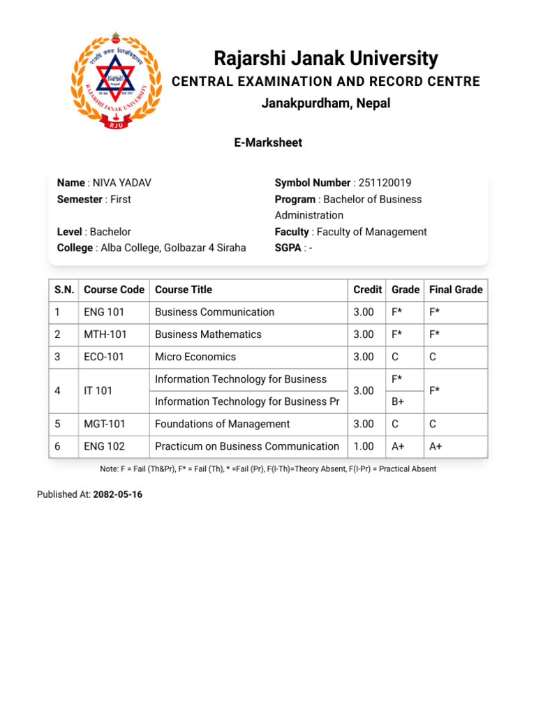 Rju-Result-Portal - Result Print | PDF
