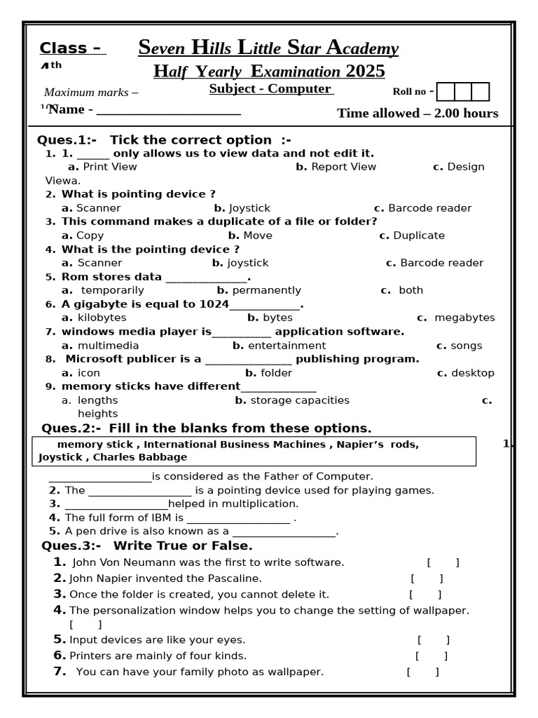 Class 4th HAlF Computer 2025 Shlsa | PDF | Usb Flash Drive | Computer ...